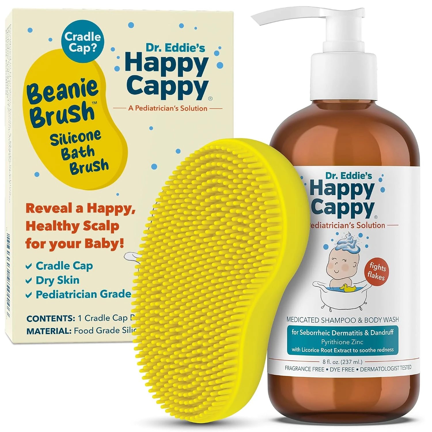 Happy Cappy Medicated Shampoo & Body Wash, 8 fl oz, with the yellow Beanie Brush and its retail box.