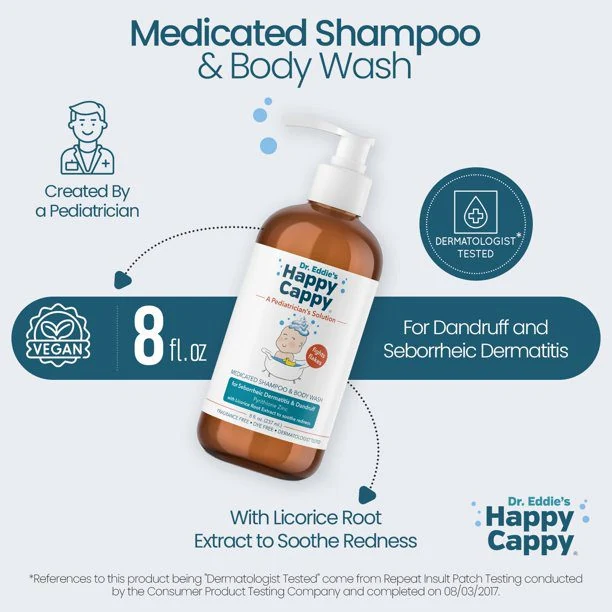 Medicated shampoo and body wash infographic, 8 fl oz, for dandruff and seborrheic dermatitis, pediatrician made