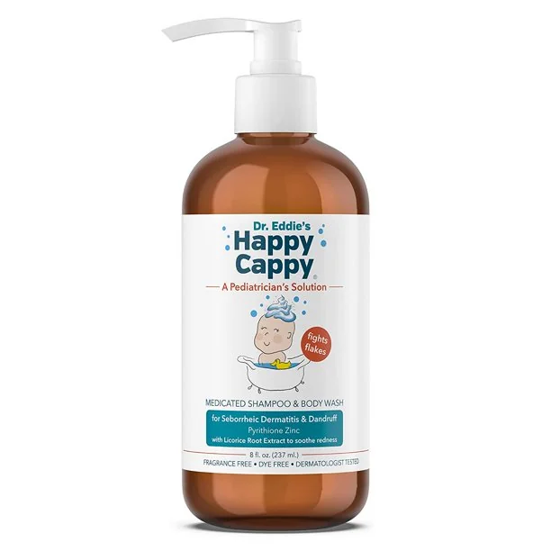 Happy Cappy Medicated Shampoo and Body Wash front label, fights flakes, with pyrithione zinc