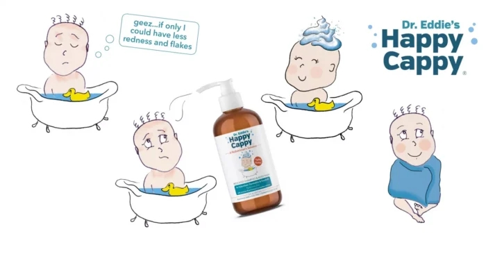 Cartoon of babies in bathtubs wishing for less redness and flakes, with the Happy Cappy medicated wash