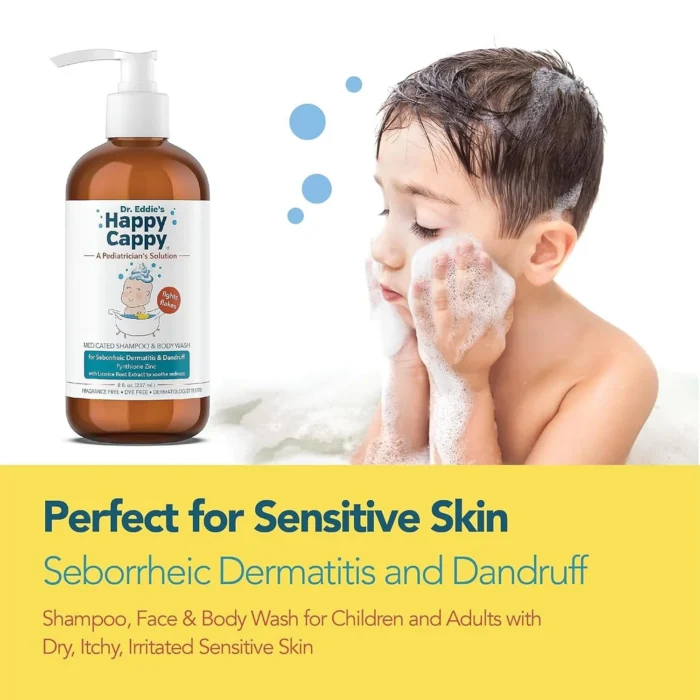 Child washing his face and hair beside a bottle of Happy Cappy Medicated Shampoo & Body Wash.