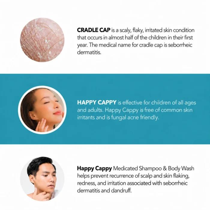 Cradle-cap scalp close-up with an adult and child illustrating Happy Cappy medicated wash for different ages.