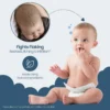 Happy Cappy medicated shampoo helps with flaking, redness, itching and irritation, shown with a baby and a scalp inset