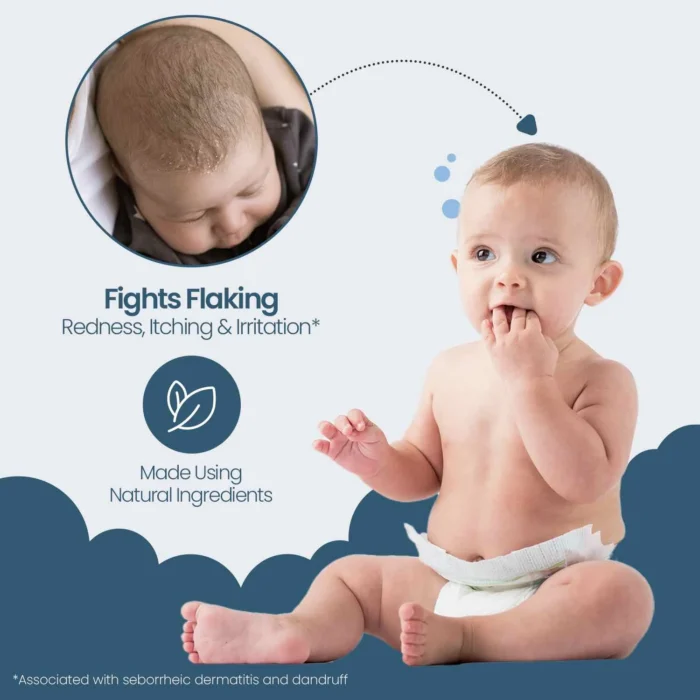 Happy Cappy medicated shampoo helps with flaking, redness, itching and irritation, shown with a baby and a scalp inset