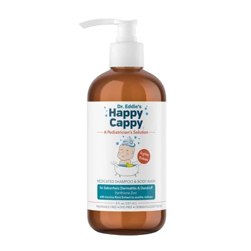 Front label of Happy Cappy medicated shampoo and body wash with pyrithione zinc for dandruff and seborrheic dermatitis
