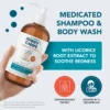 Medicated shampoo and body wash held in hand, made with licorice root extract to soothe redness