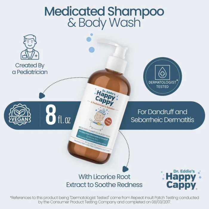 Happy Cappy medicated shampoo highlights, created by a pediatrician, vegan and dermatologist tested, 8 fl oz