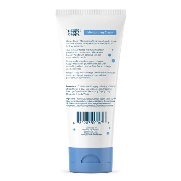 Moisturizing cream tube back label with product description, directions and ingredient list