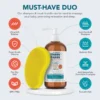 Shampoo and brush duo with icons, ultra-soft food-grade silicone bristles and anti-dandruff medicated shampoo