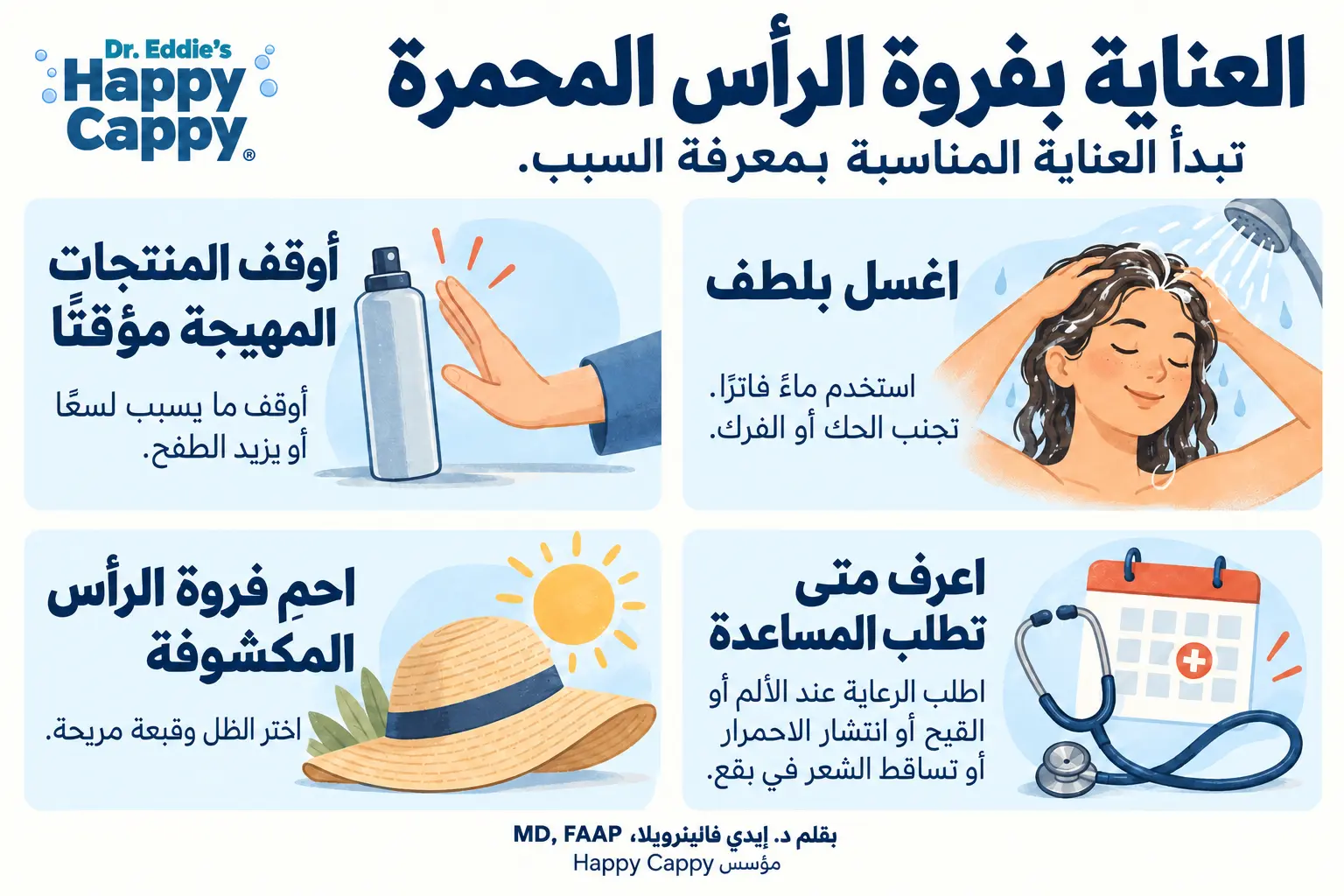 دليل مصور للعناية بفروة الرأس المحمرة: أوقف المنتجات المهيجة مؤقتًا، واغسل بلطف، واحمِ فروة الرأس المكشوفة، واطلب الرعاية للألم أو القيح أو انتشار الاحمرار أو تساقط الشعر في بقع.
