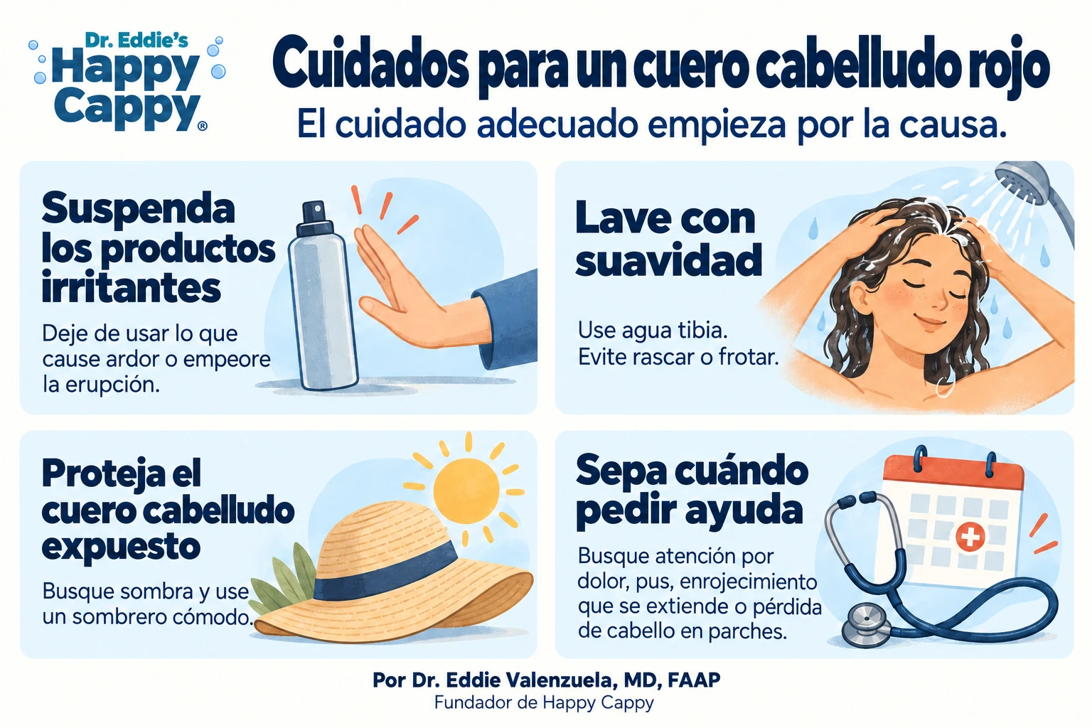 Guía ilustrada para el cuero cabelludo rojo: suspenda productos irritantes, lave suavemente, proteja la piel expuesta y busque atención por dolor, pus, enrojecimiento que se extiende o pérdida de cabello en parches.