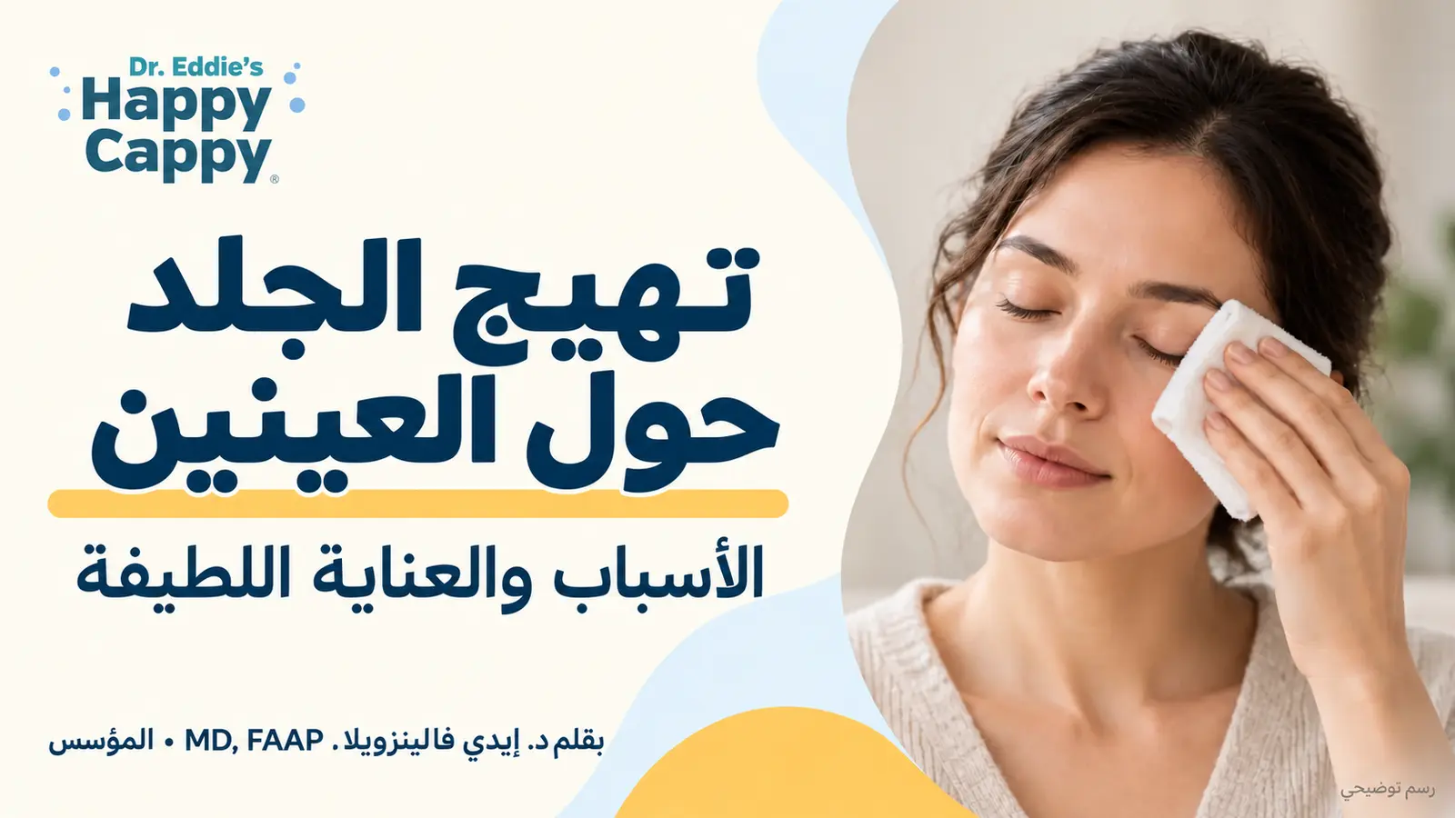 رسم توضيحي للعناية اللطيفة بالجلد الخارجي حول العينين باستخدام قطعة قماش باردة؛ تهيج الجلد حول العينين: الأسباب والعناية اللطيفة.