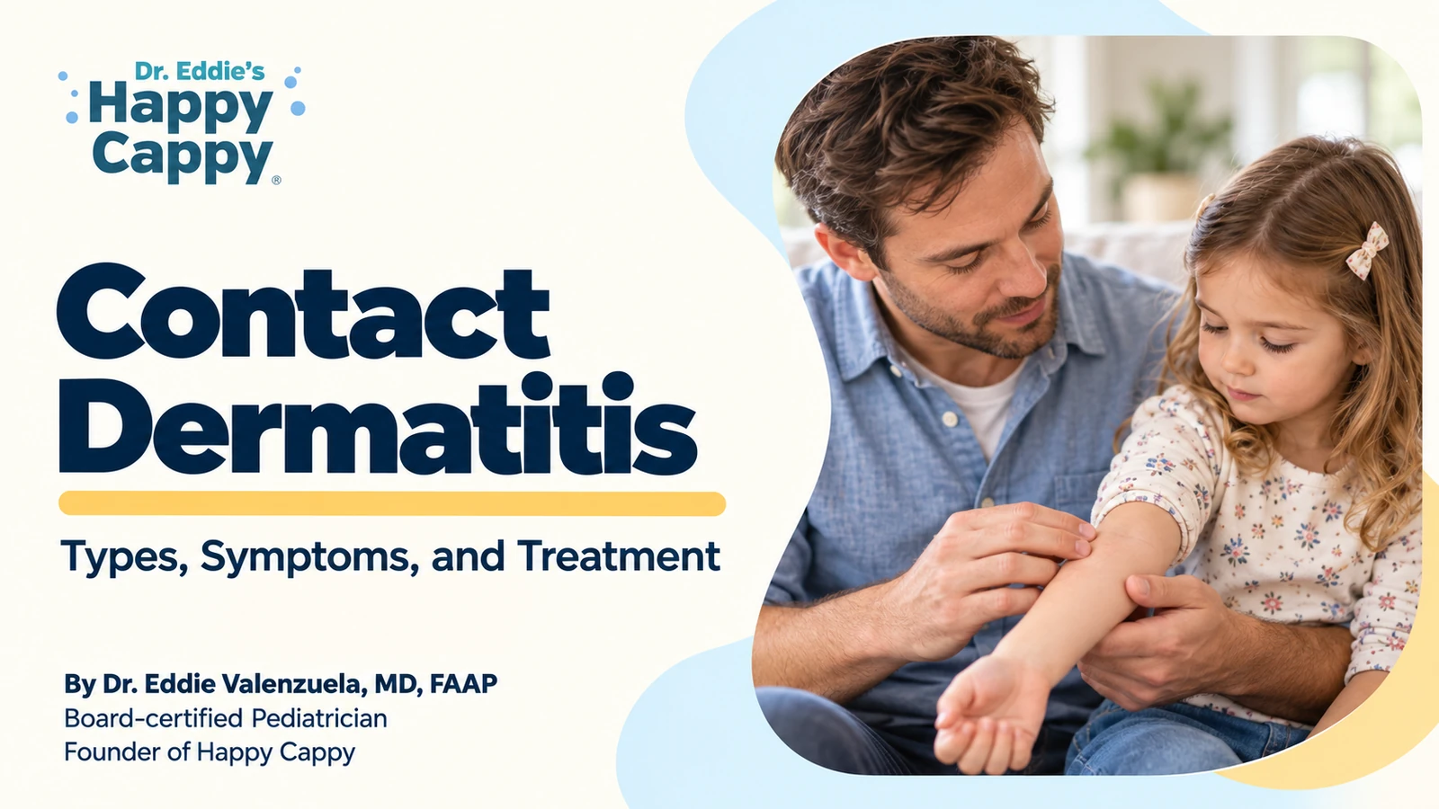 Contact dermatitis: types, symptoms and treatment, with an adult examining their hand.