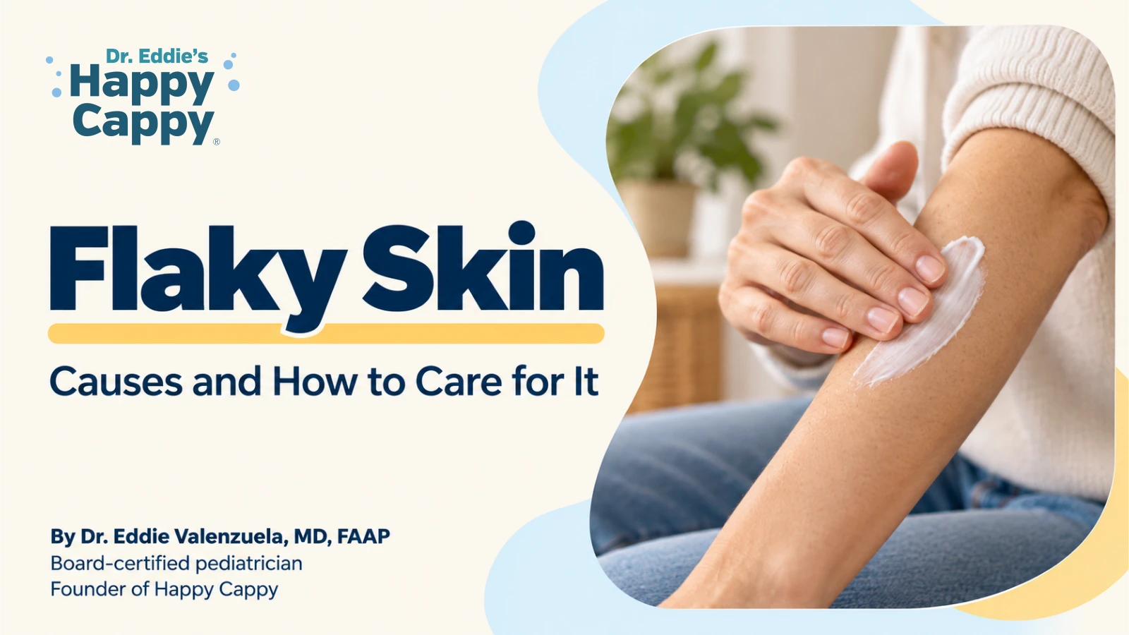 Editorial illustration of moisturizer being applied to a forearm beside the Flaky Skin article title.