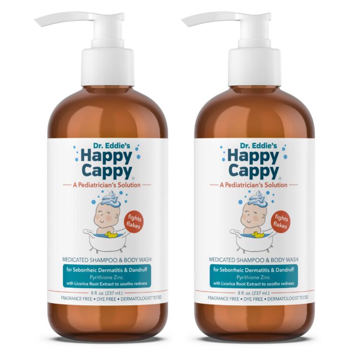 Two Happy Cappy Medicated Shampoo & Body Wash 8 oz pump bottles on a white background.