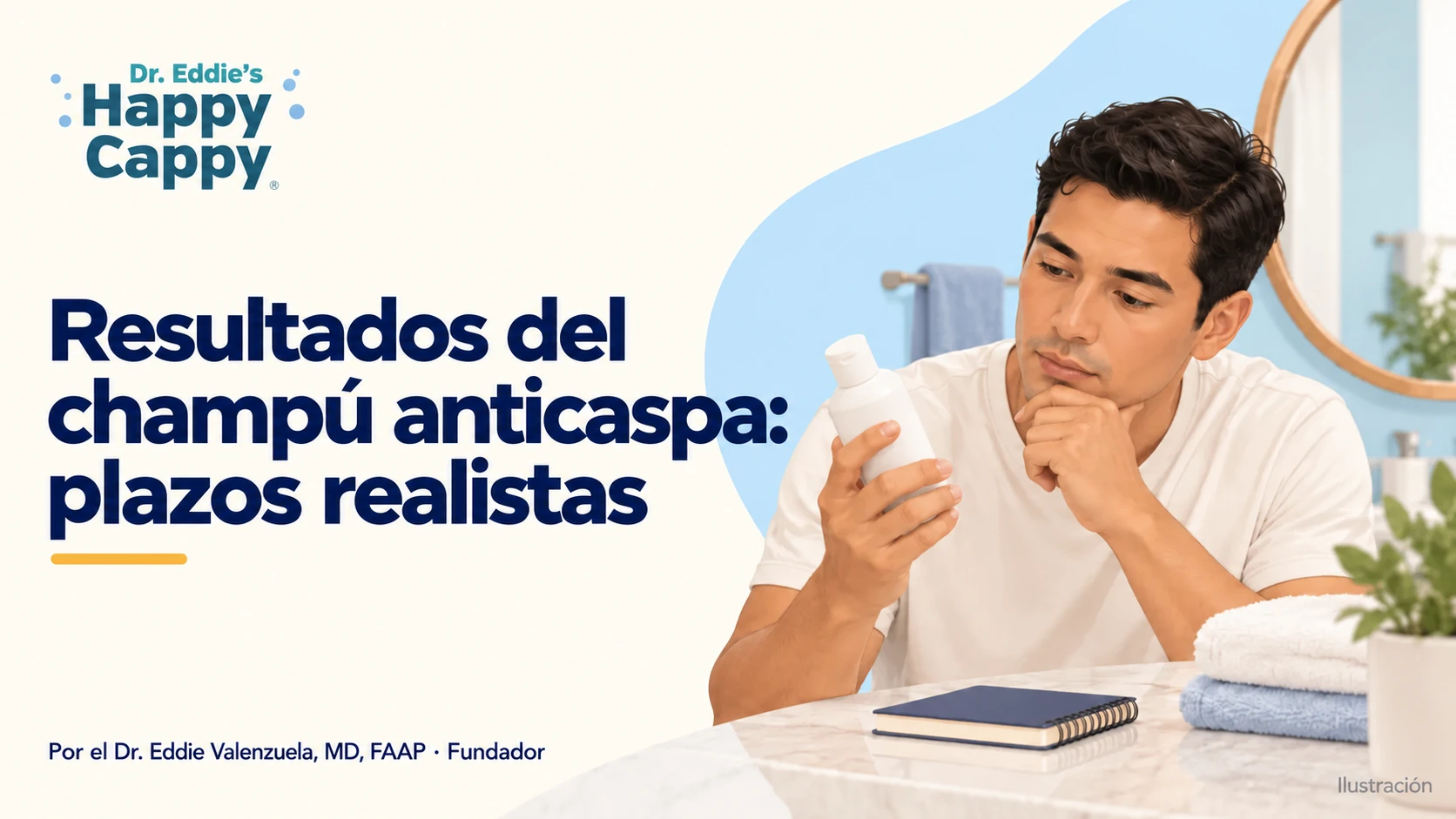 Ilustración de un hombre leyendo una botella de champú, con el título «Resultados del champú anticaspa: plazos realistas».
