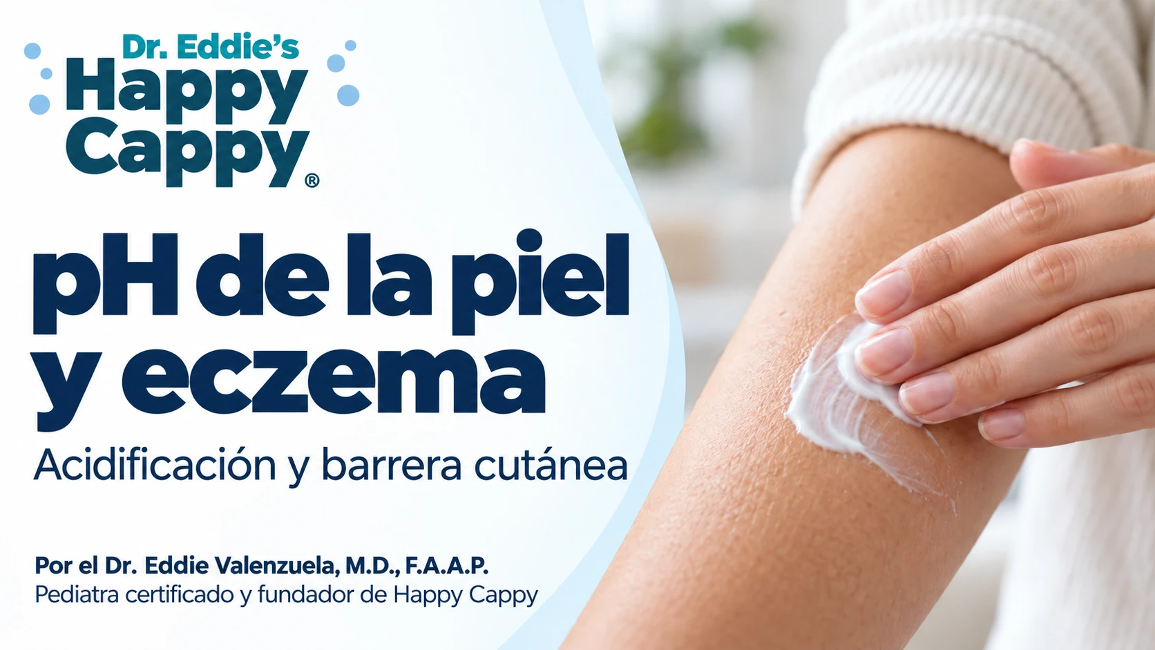 Aplicación suave de crema hidratante en un antebrazo junto al título «pH de la piel y eczema: acidificación y barrera cutánea».
