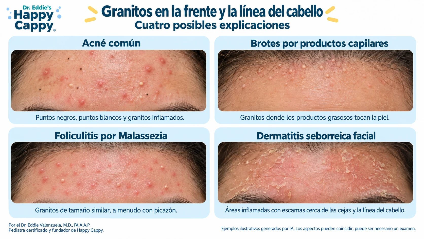 Ejemplos generados por IA que comparan el acné común, los brotes por productos capilares, la foliculitis por Malassezia y la dermatitis seborreica facial.