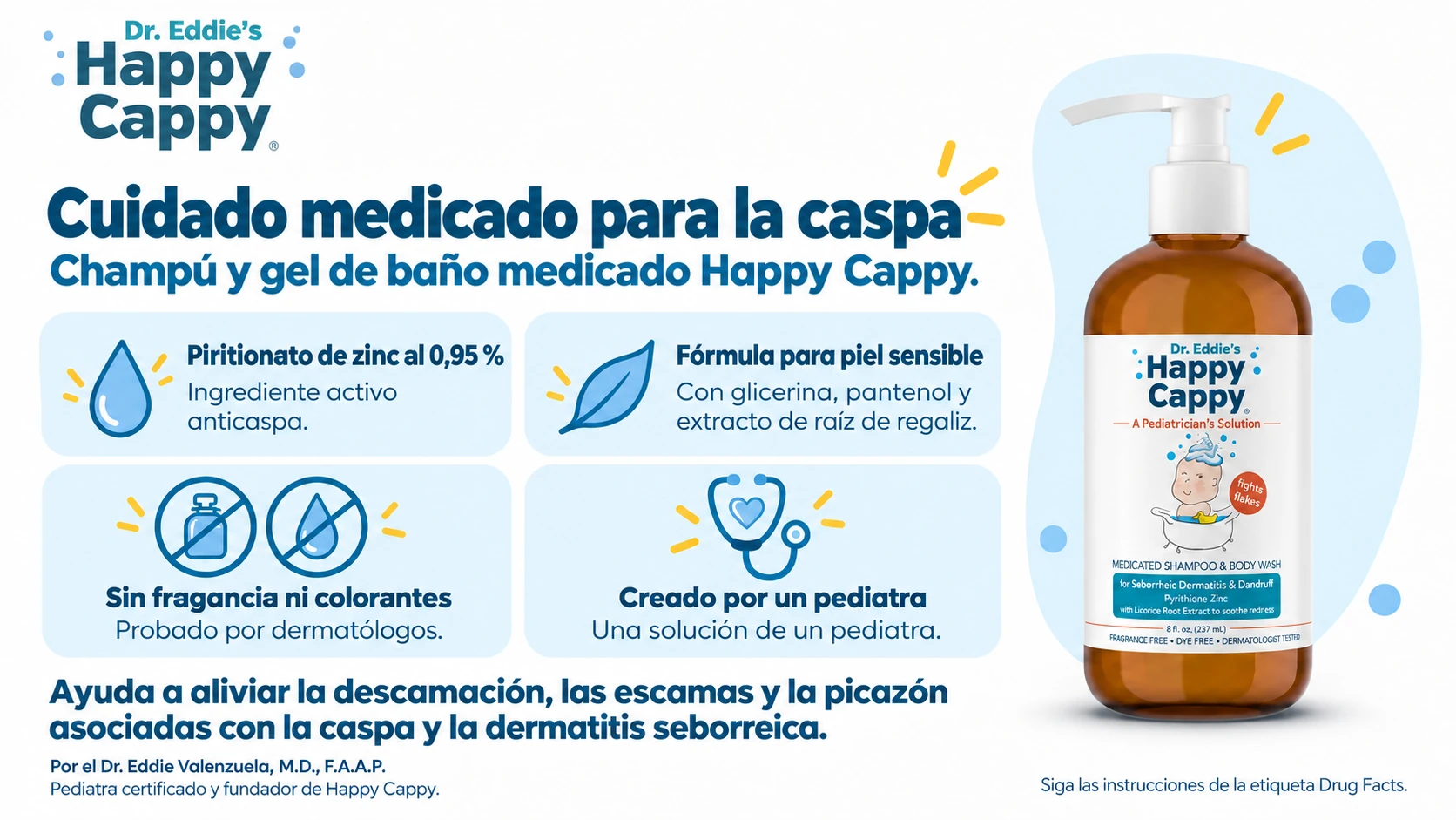 Champú y gel de baño medicado Happy Cappy con piritionato de zinc al 0,95 %, fórmula sin fragancia e ingredientes para la piel sensible.