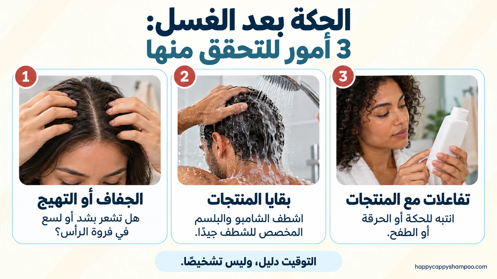 الحكة بعد الغسل: ثلاثة أمور ينبغي التحقق منها ثلاثة أمور ينبغي التحقق منها عند حكة فروة الرأس بعد الغسل: الجفاف أو التهيج، وبقايا المنتجات، والتفاعلات مع المنتجات.